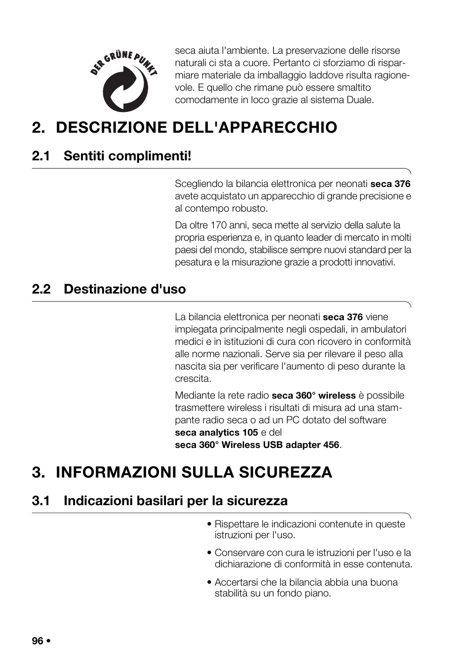 Descrizione dell'apparecchio, 1 sentiti complimenti, 2 destinazione d'uso | Informazioni sulla sicurezza, 1 indicazioni basilari per la sicurezza | Seca 376 User Manual | Page 96 / 401