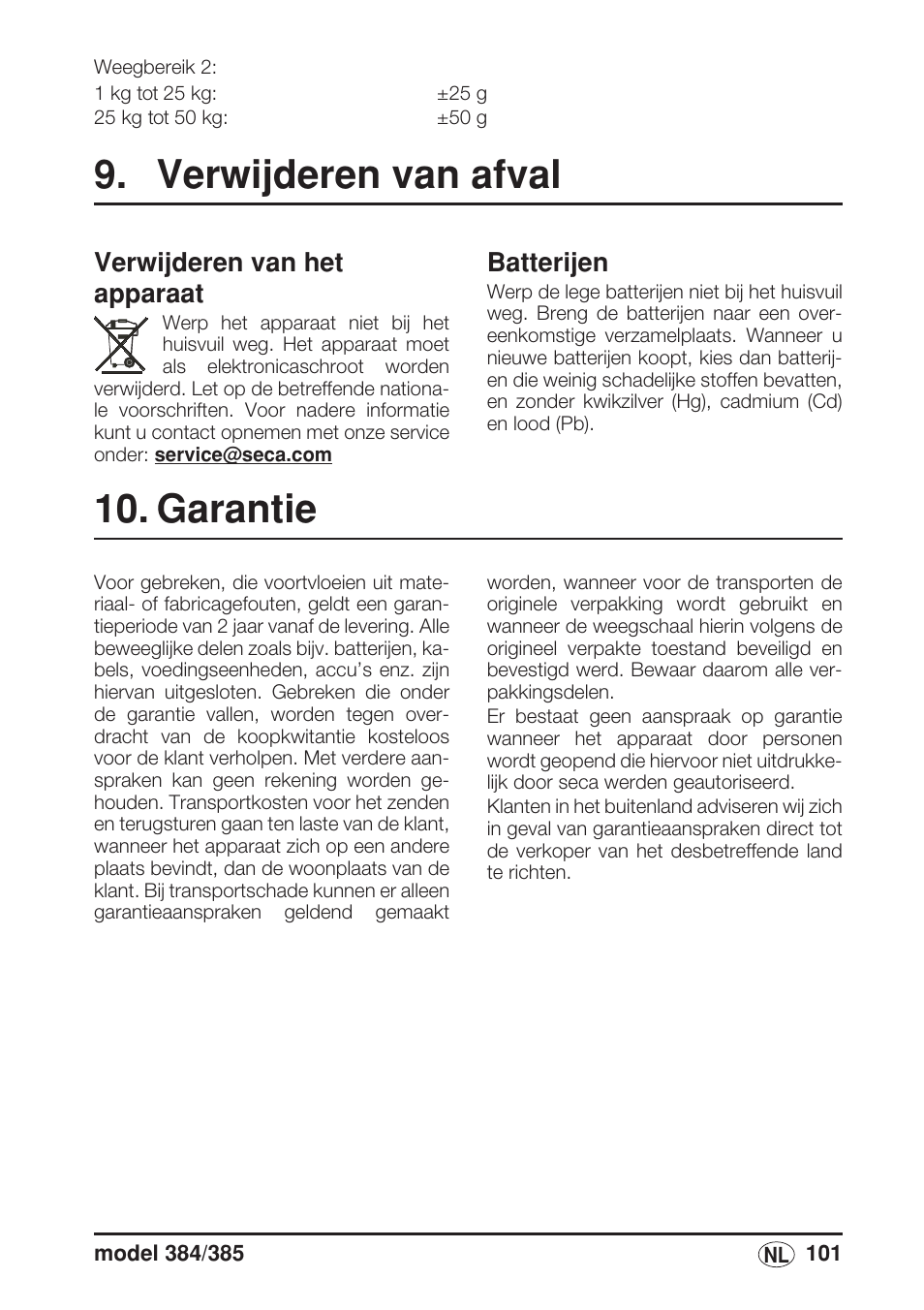 Verwijderen van afval, Verwijderen van het apparaat, Batterijen | Garantie | Seca 385 User Manual | Page 101 / 136