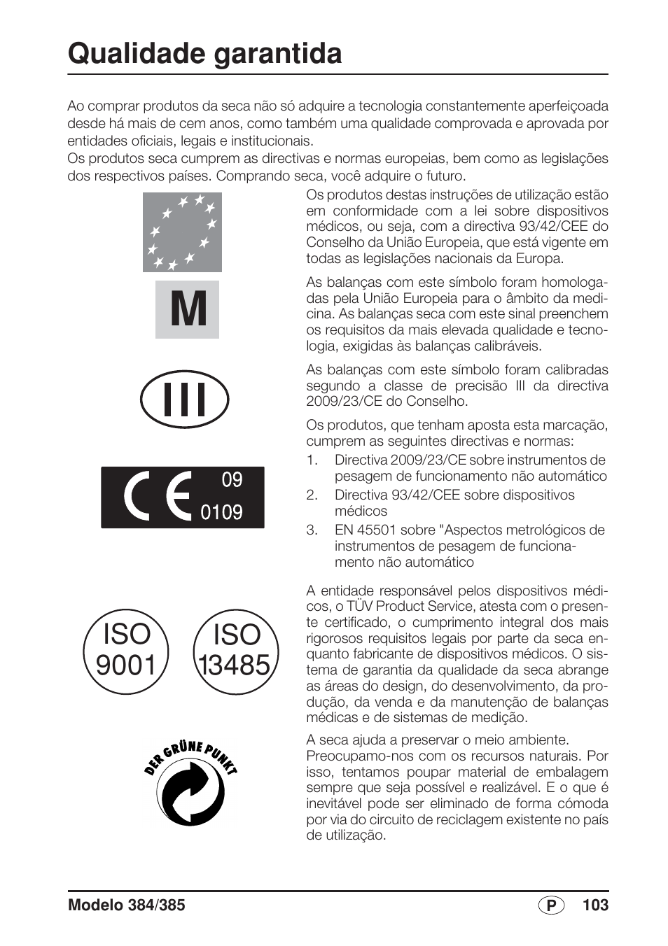 Português, Qualidade garantida | Seca 385 User Manual | Page 103 / 136