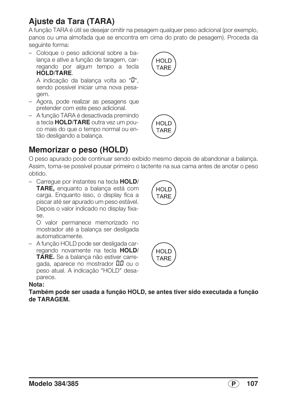 Ajuste da tara (tara), Memorizar o peso (hold) | Seca 385 User Manual | Page 107 / 136