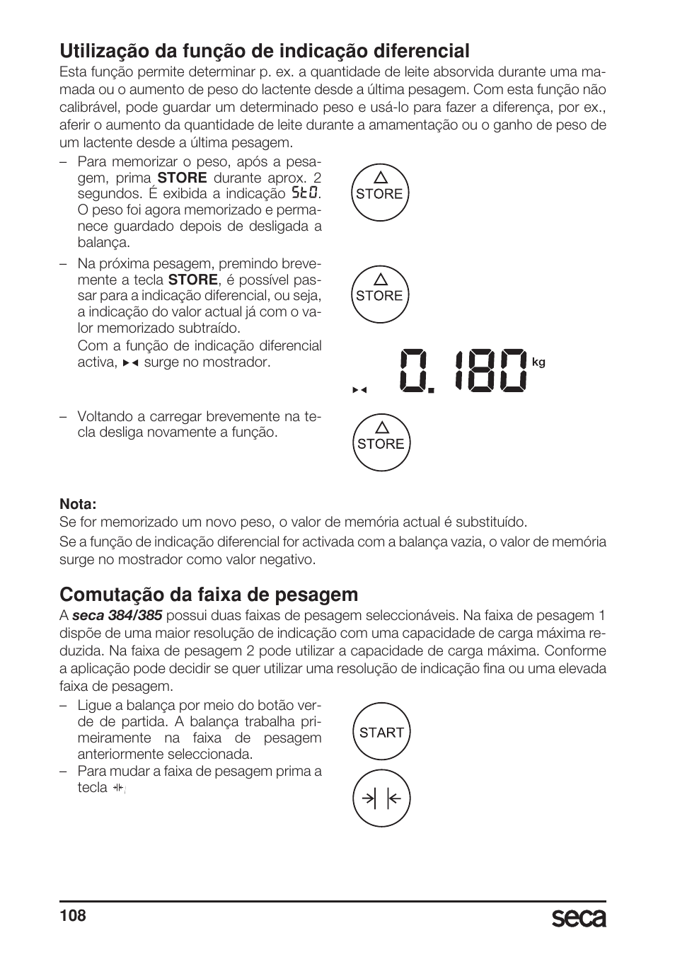 Utilização da função de indicação diferencial, Comutação da faixa de pesagem | Seca 385 User Manual | Page 108 / 136