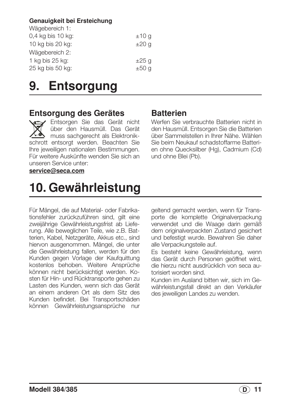 Entsorgung, Entsorgung des gerätes, Batterien | Gewährleistung | Seca 385 User Manual | Page 11 / 136