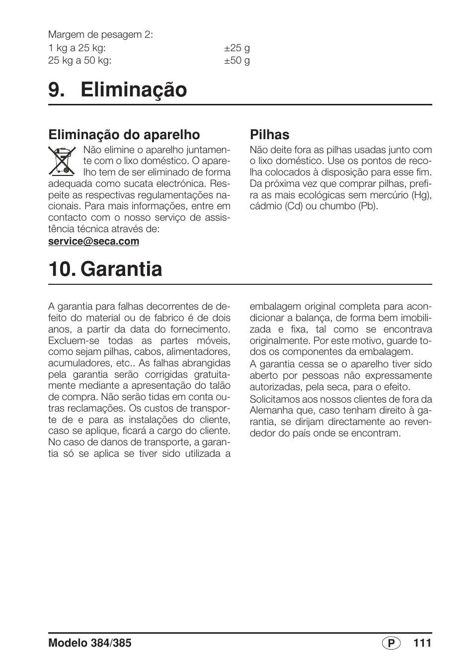 Eliminação, Eliminação do aparelho, Pilhas | Garantia | Seca 385 User Manual | Page 111 / 136