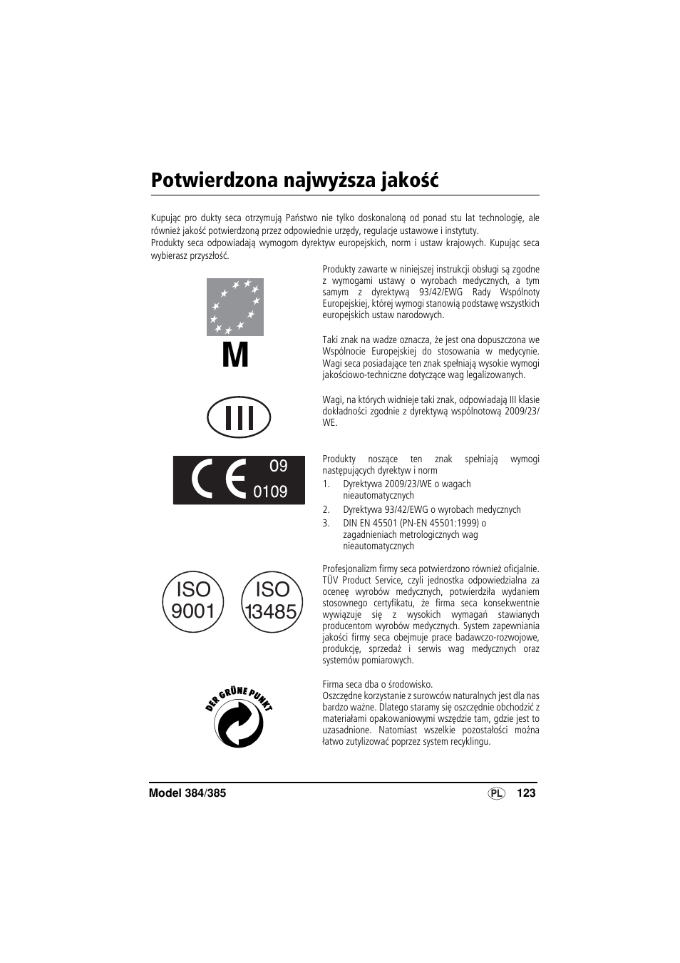 Polski, Potwierdzona najwyższa jakość | Seca 385 User Manual | Page 123 / 136