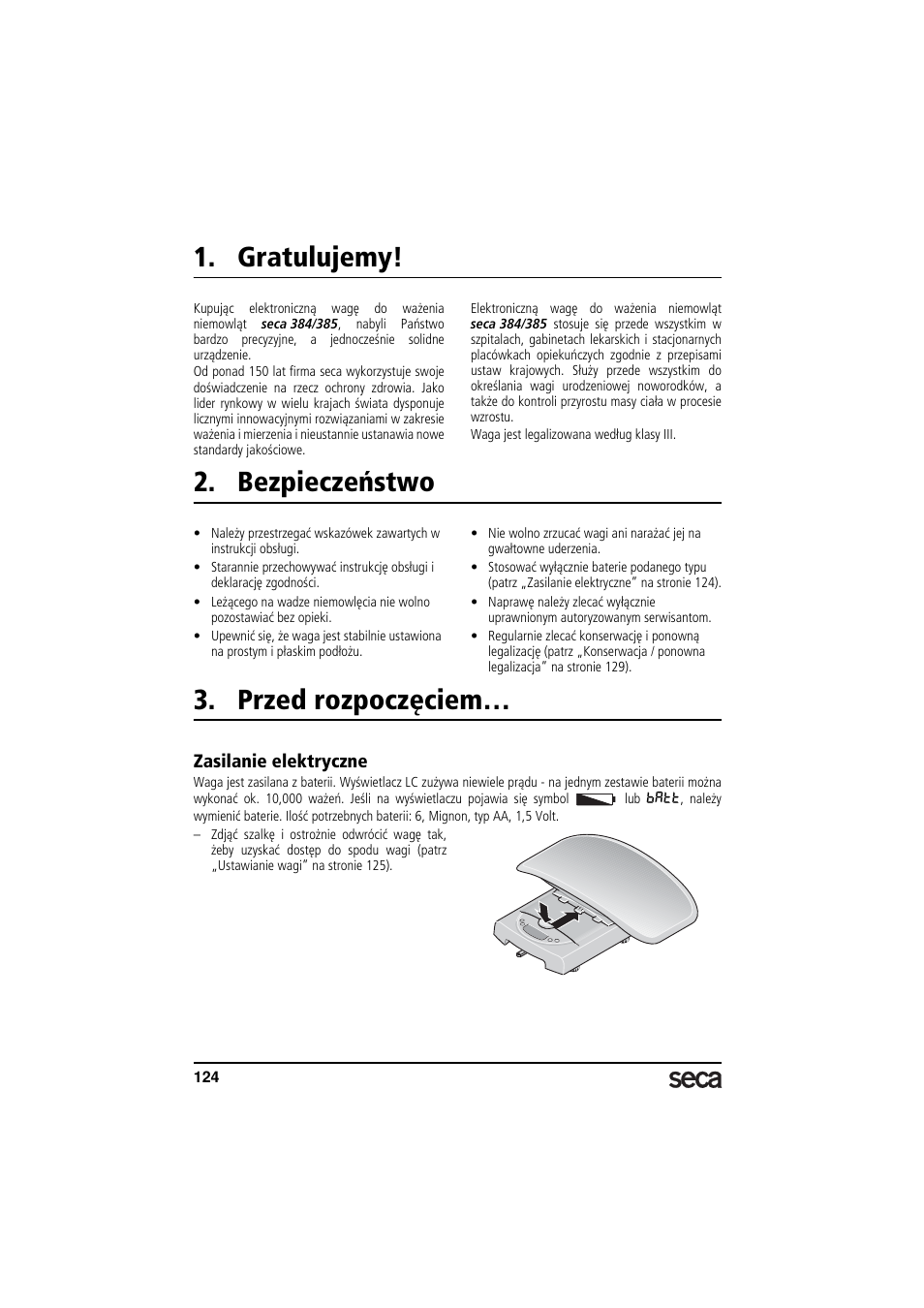 Gratulujemy, Bezpieczeństwo, Przed rozpoczęciem | Zasilanie elektryczne | Seca 385 User Manual | Page 124 / 136