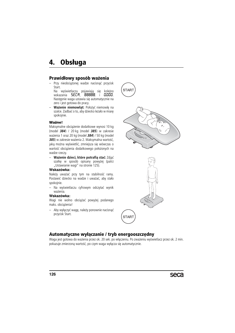 Obsługa, Prawidłowy sposób ważenia, Automatyczne wyłączanie / tryb energooszczędny | Seca 385 User Manual | Page 126 / 136
