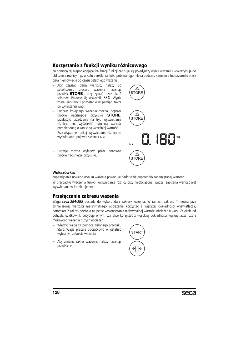Korzystanie z funkcji wyniku różnicowego, Przełączanie zakresu ważenia | Seca 385 User Manual | Page 128 / 136