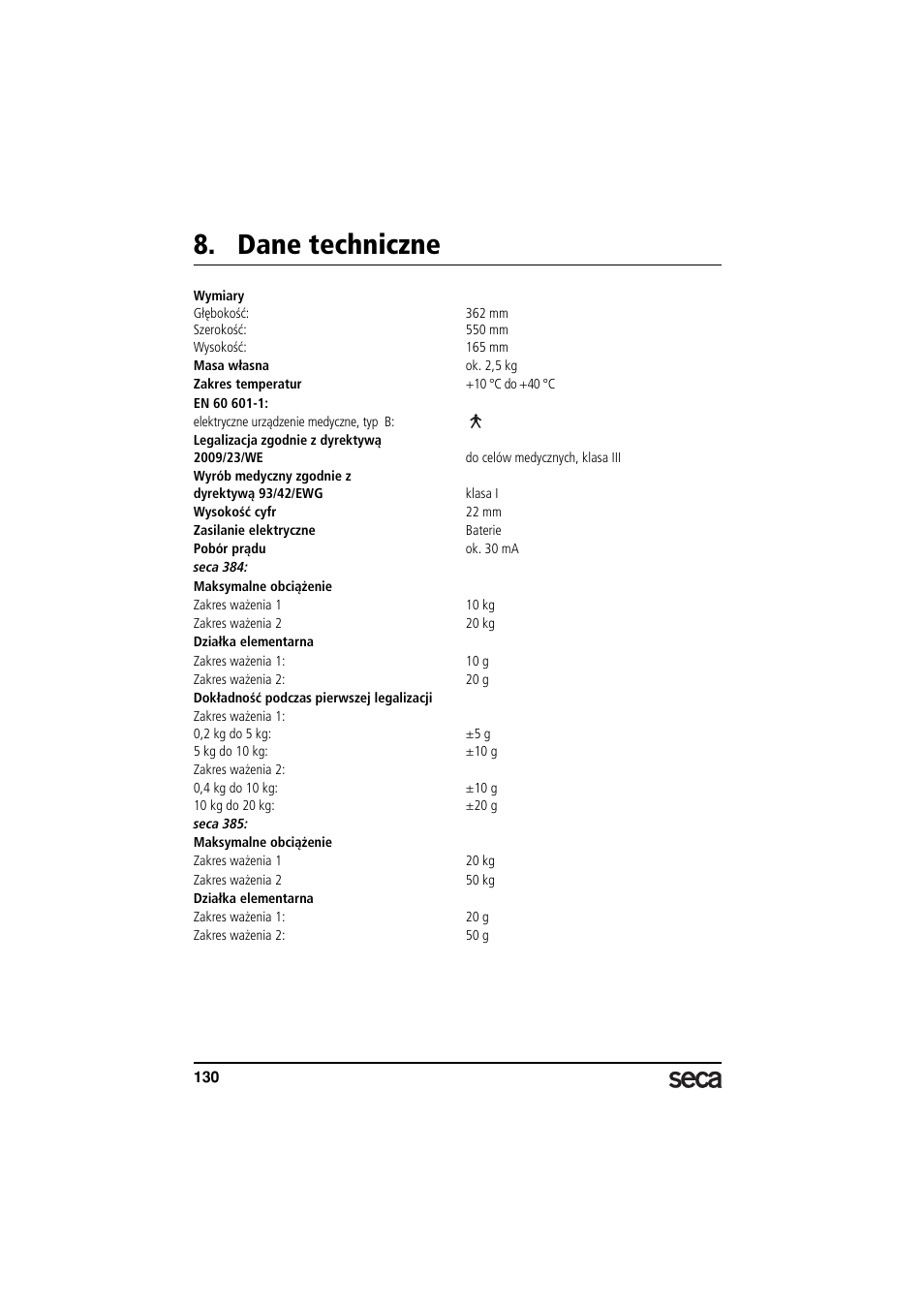 Dane techniczne | Seca 385 User Manual | Page 130 / 136