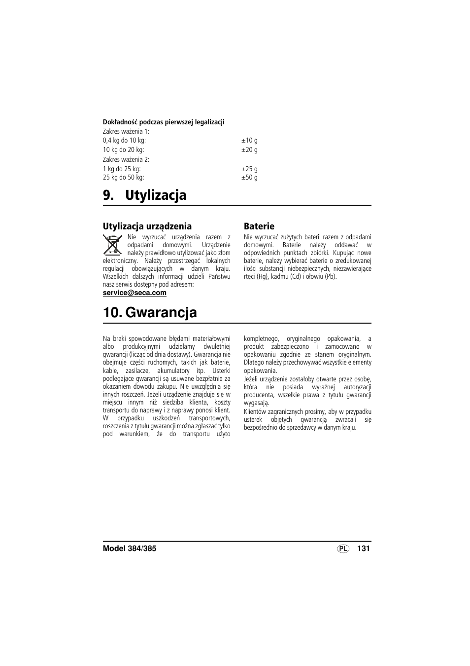 Utylizacja, Utylizacja urządzenia, Baterie | Gwarancja | Seca 385 User Manual | Page 131 / 136