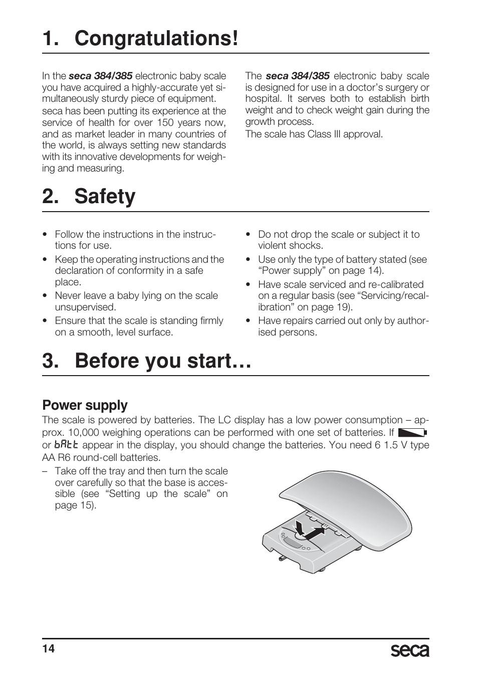 Congratulations, Safety, Before you start | Power supply | Seca 385 User Manual | Page 14 / 136
