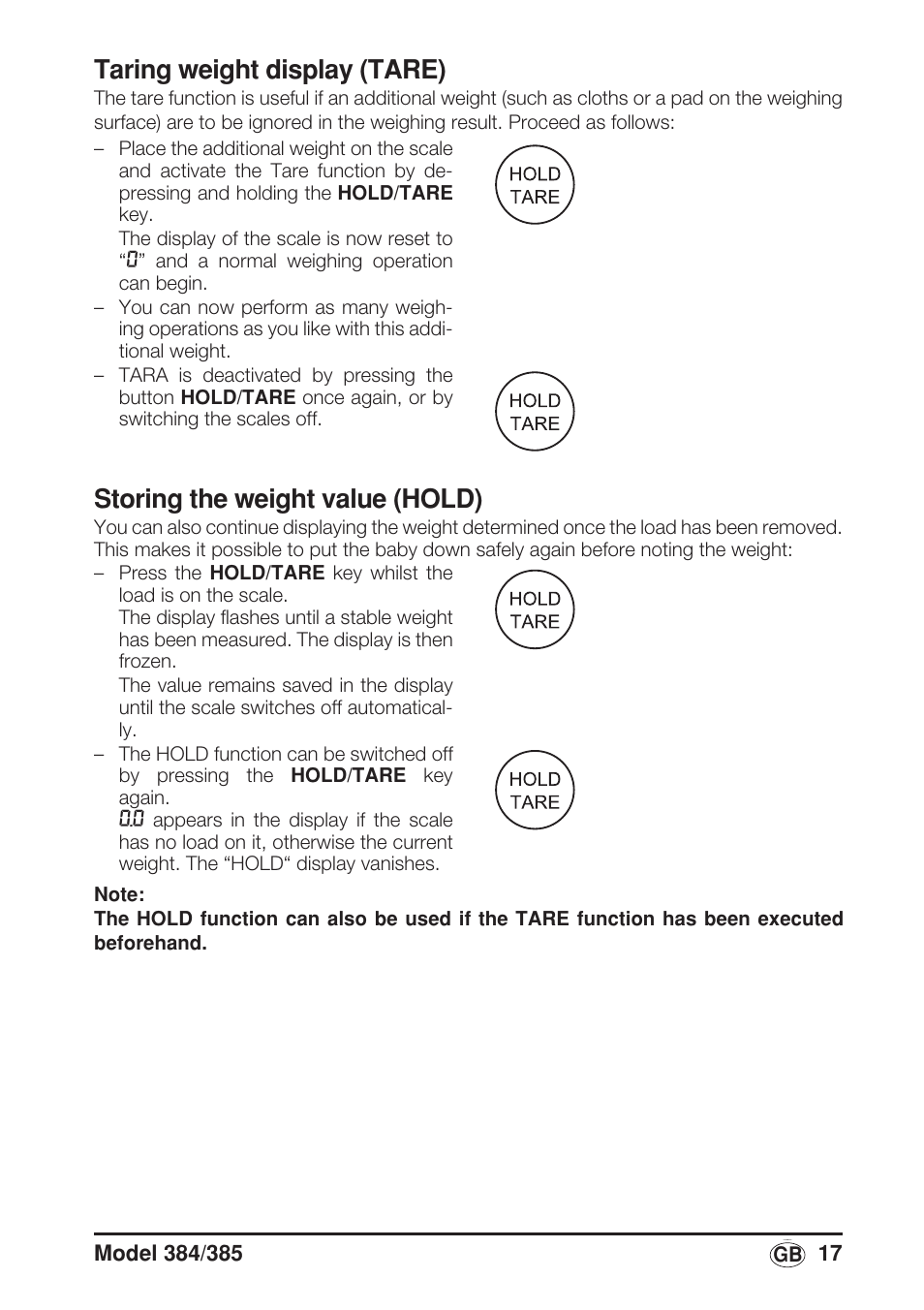 Taring weight display (tare), Storing the weight value (hold) | Seca 385 User Manual | Page 17 / 136