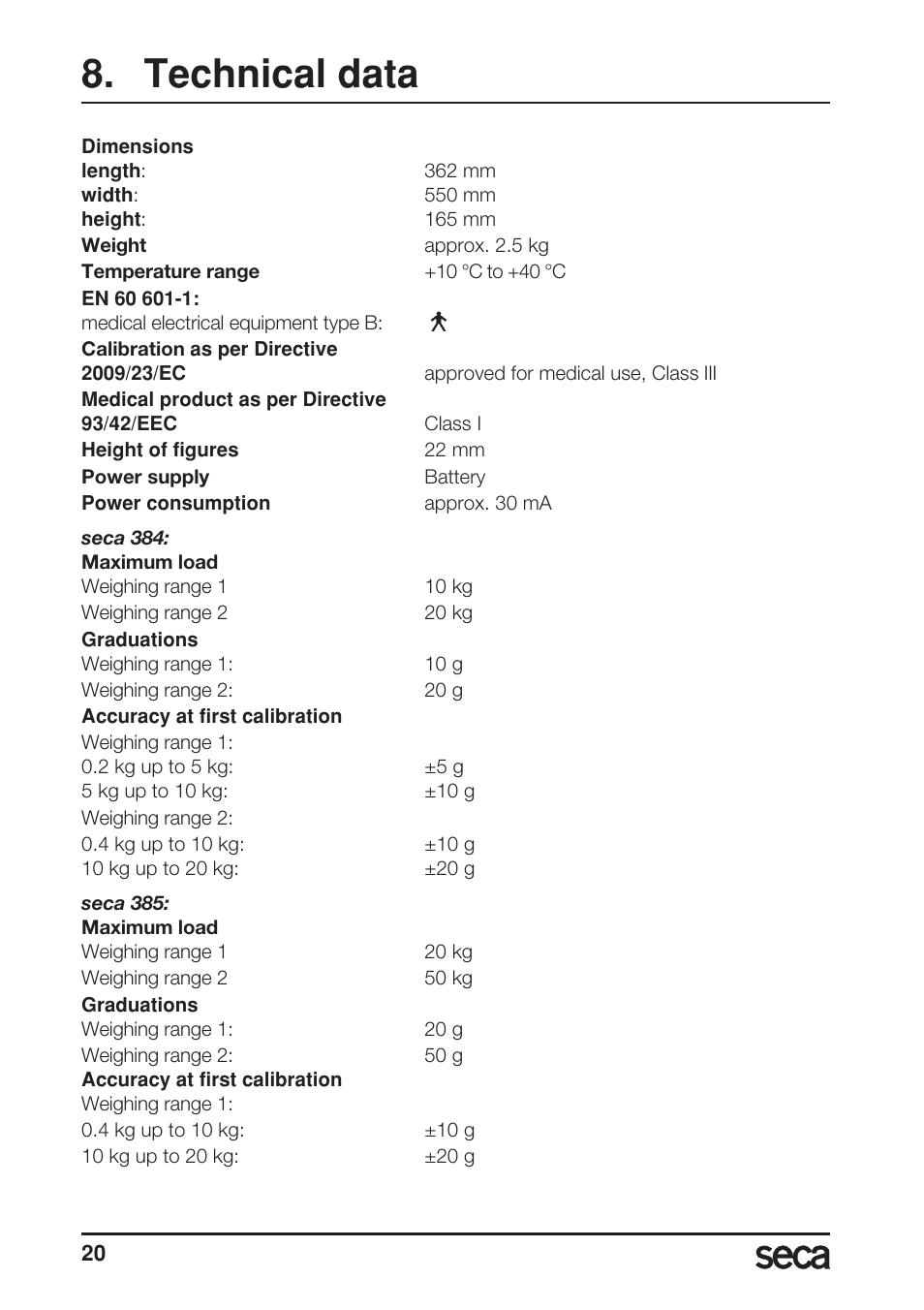 Technical data | Seca 385 User Manual | Page 20 / 136