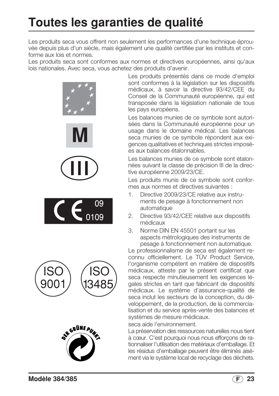 Français, Toutes les garanties de qualité | Seca 385 User Manual | Page 23 / 136