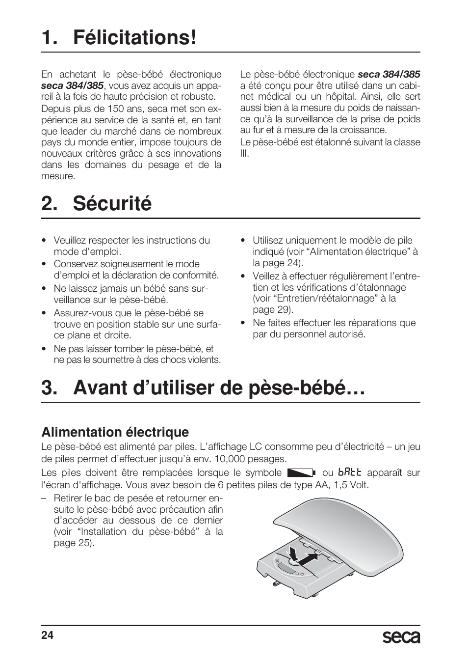 Félicitations, Sécurité, Avant d’utiliser de pèse-bébé | Alimentation électrique | Seca 385 User Manual | Page 24 / 136
