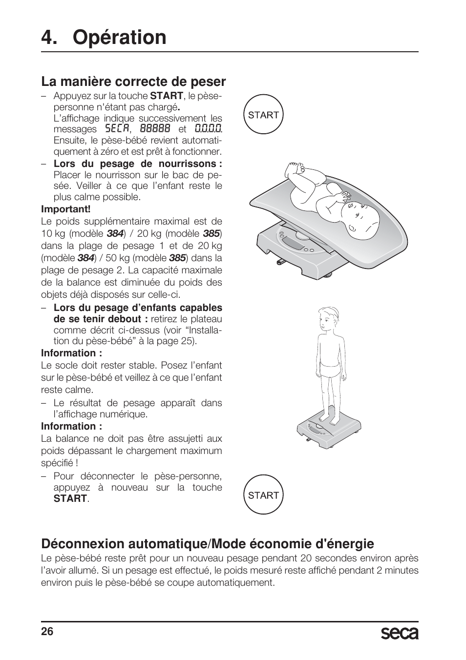 Opération, La manière correcte de peser, Déconnexion automatique/mode économie d'énergie | Seca 385 User Manual | Page 26 / 136