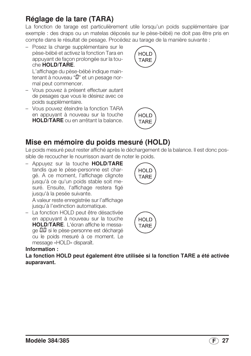 Réglage de la tare (tara), Mise en mémoire du poids mesuré (hold) | Seca 385 User Manual | Page 27 / 136