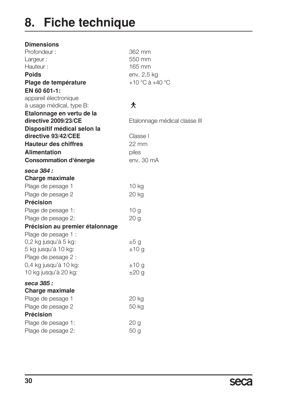 Fiche technique | Seca 385 User Manual | Page 30 / 136