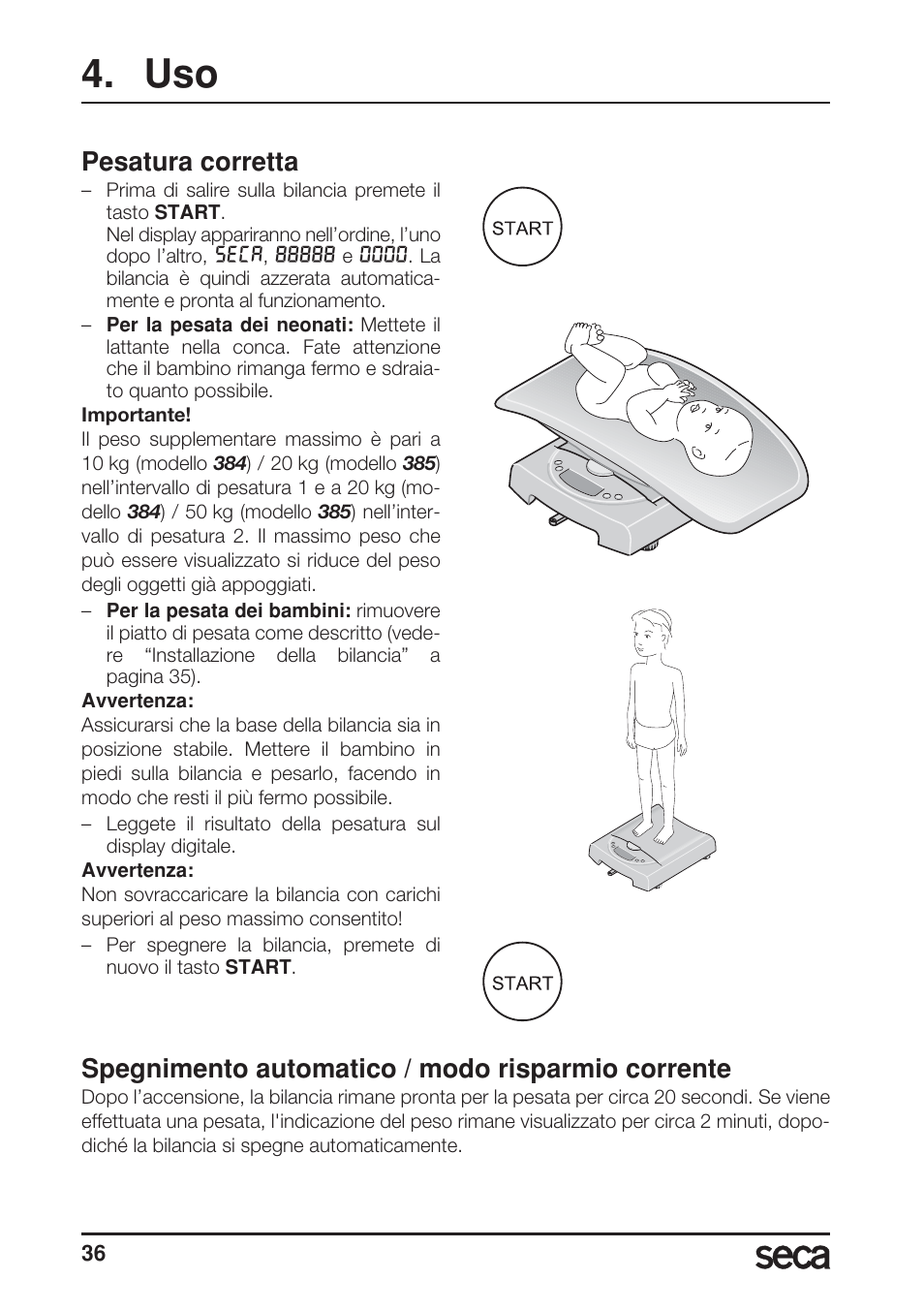 Pesatura corretta, Spegnimento automatico / modo risparmio corrente | Seca 385 User Manual | Page 36 / 136