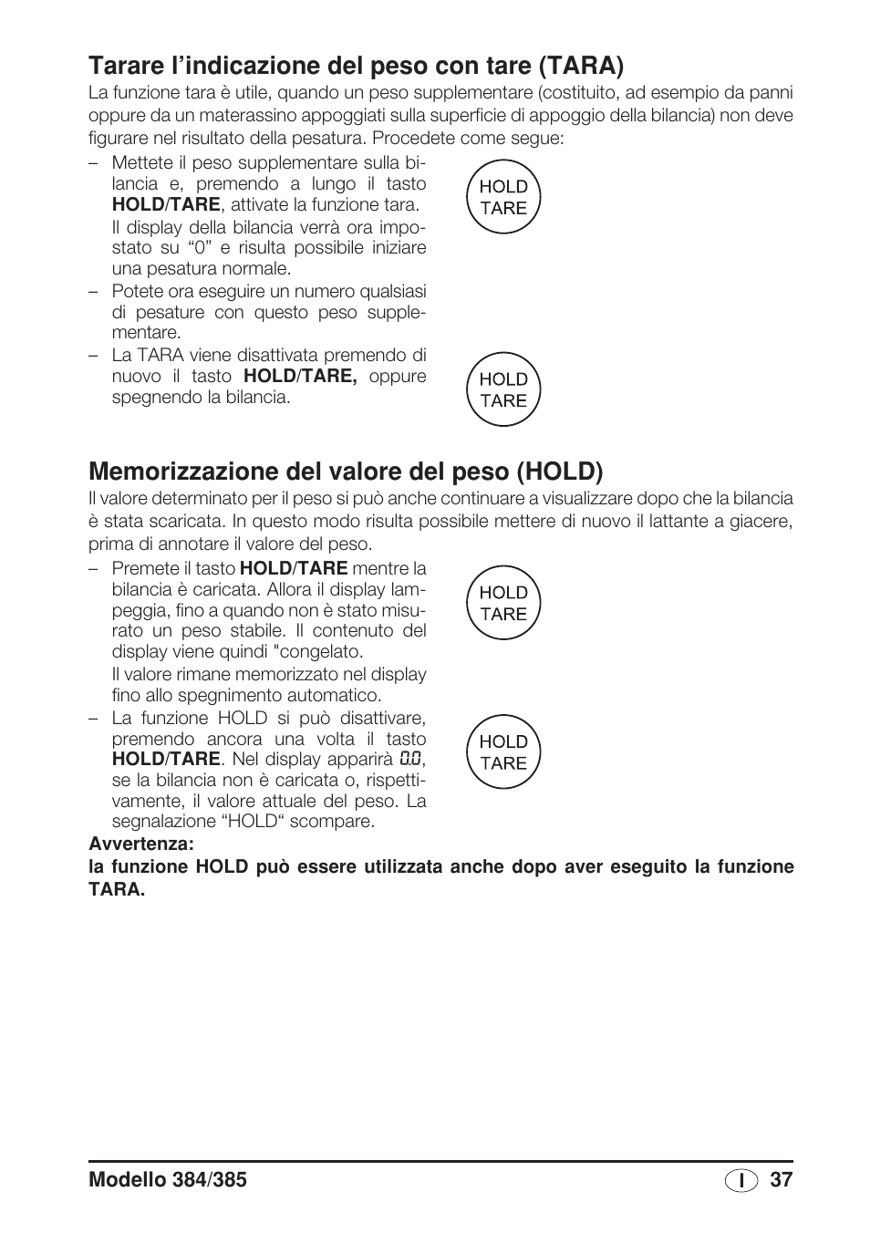 Tarare l’indicazione del peso con tare (tara), Memorizzazione del valore del peso (hold) | Seca 385 User Manual | Page 37 / 136