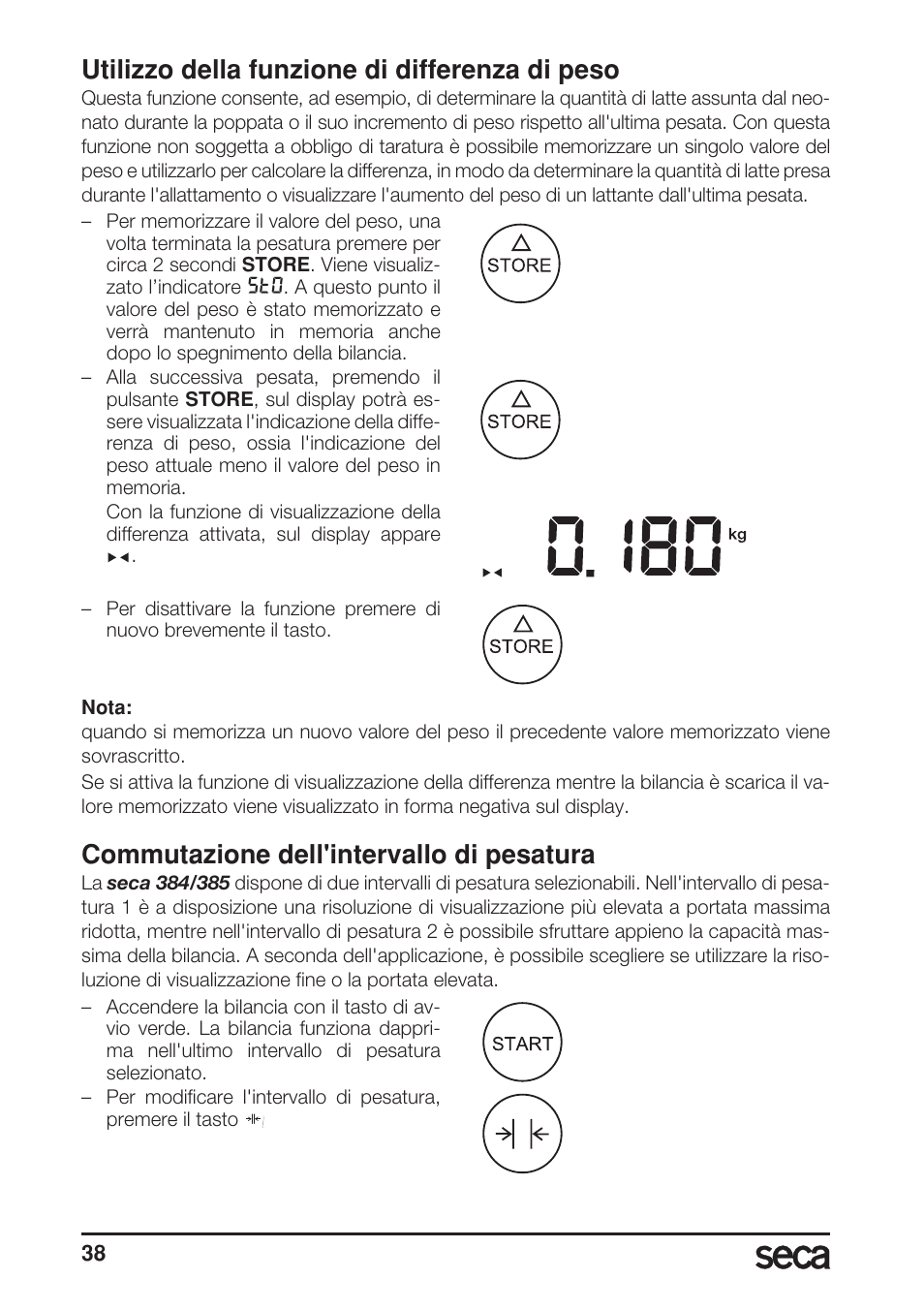 Utilizzo della funzione di differenza di peso, Commutazione dell'intervallo di pesatura | Seca 385 User Manual | Page 38 / 136