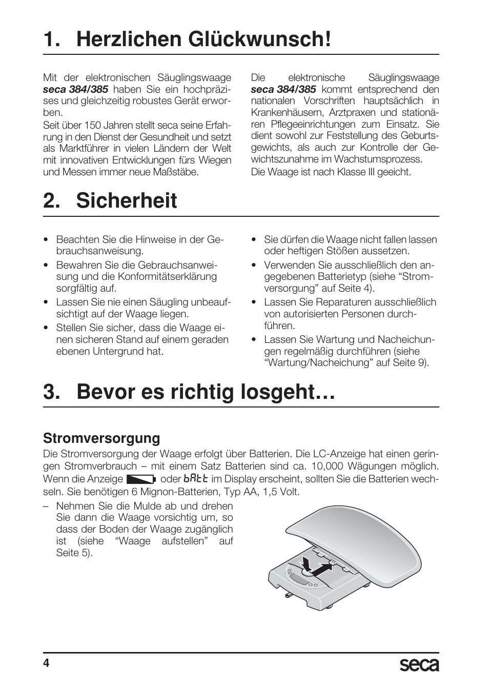 Herzlichen glückwunsch, Sicherheit, Bevor es richtig losgeht | Stromversorgung | Seca 385 User Manual | Page 4 / 136