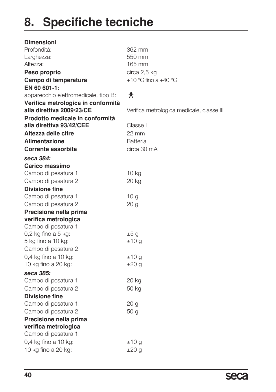 Specifiche tecniche | Seca 385 User Manual | Page 40 / 136