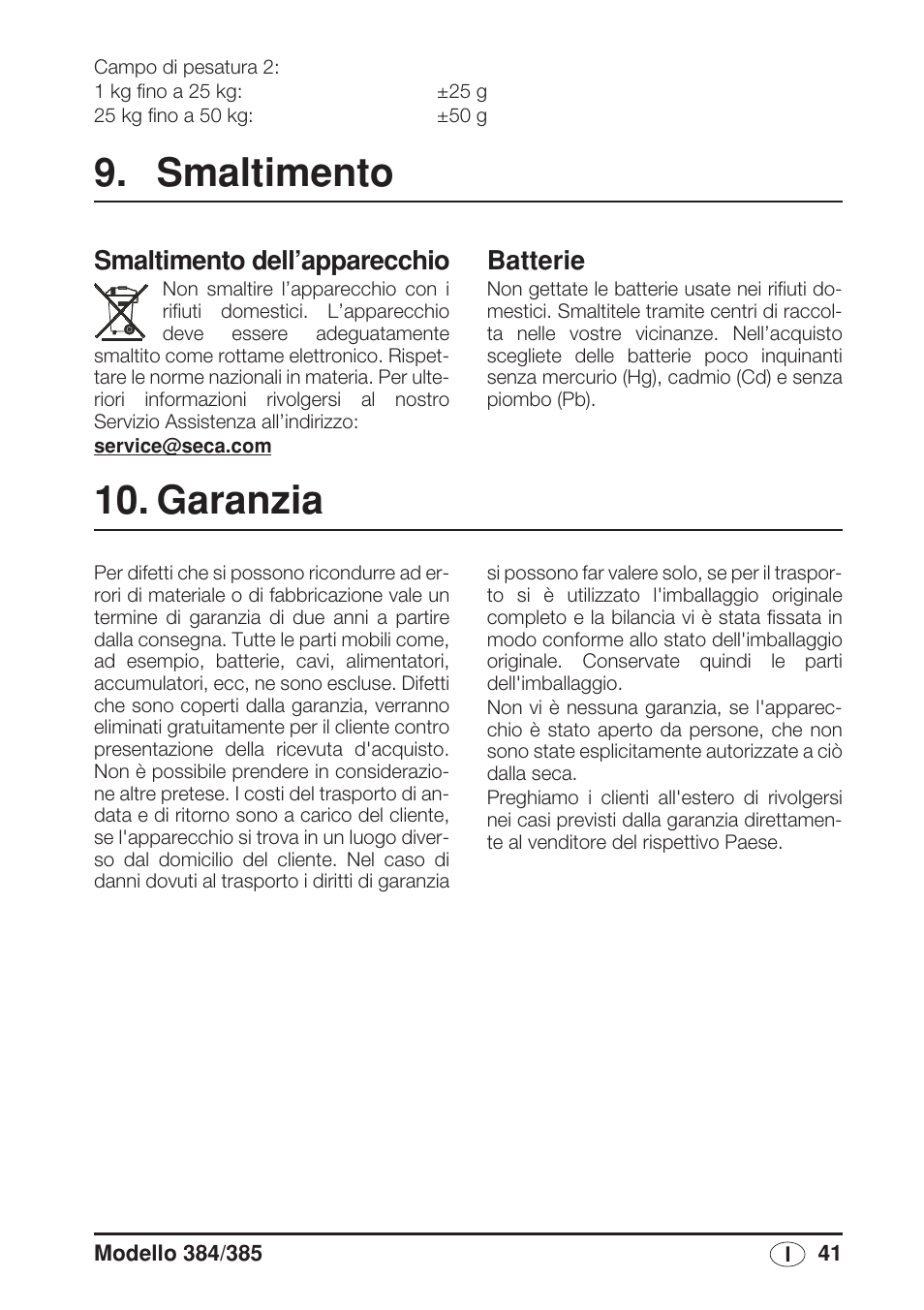 Smaltimento, Smaltimento dell’apparecchio, Batterie | Garanzia | Seca 385 User Manual | Page 41 / 136
