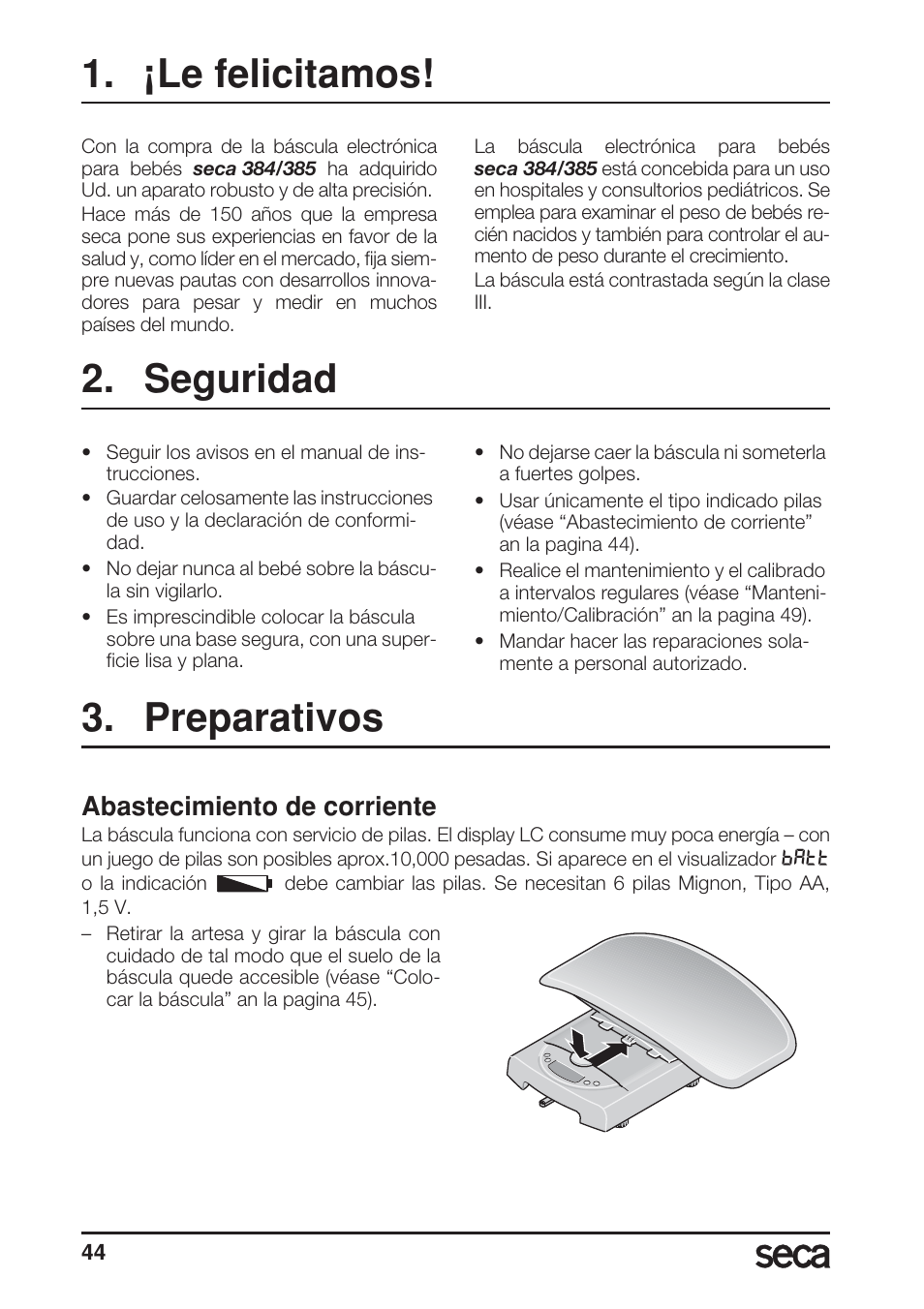 ¡le felicitamos, Seguridad, Preparativos | Abastecimiento de corriente | Seca 385 User Manual | Page 44 / 136