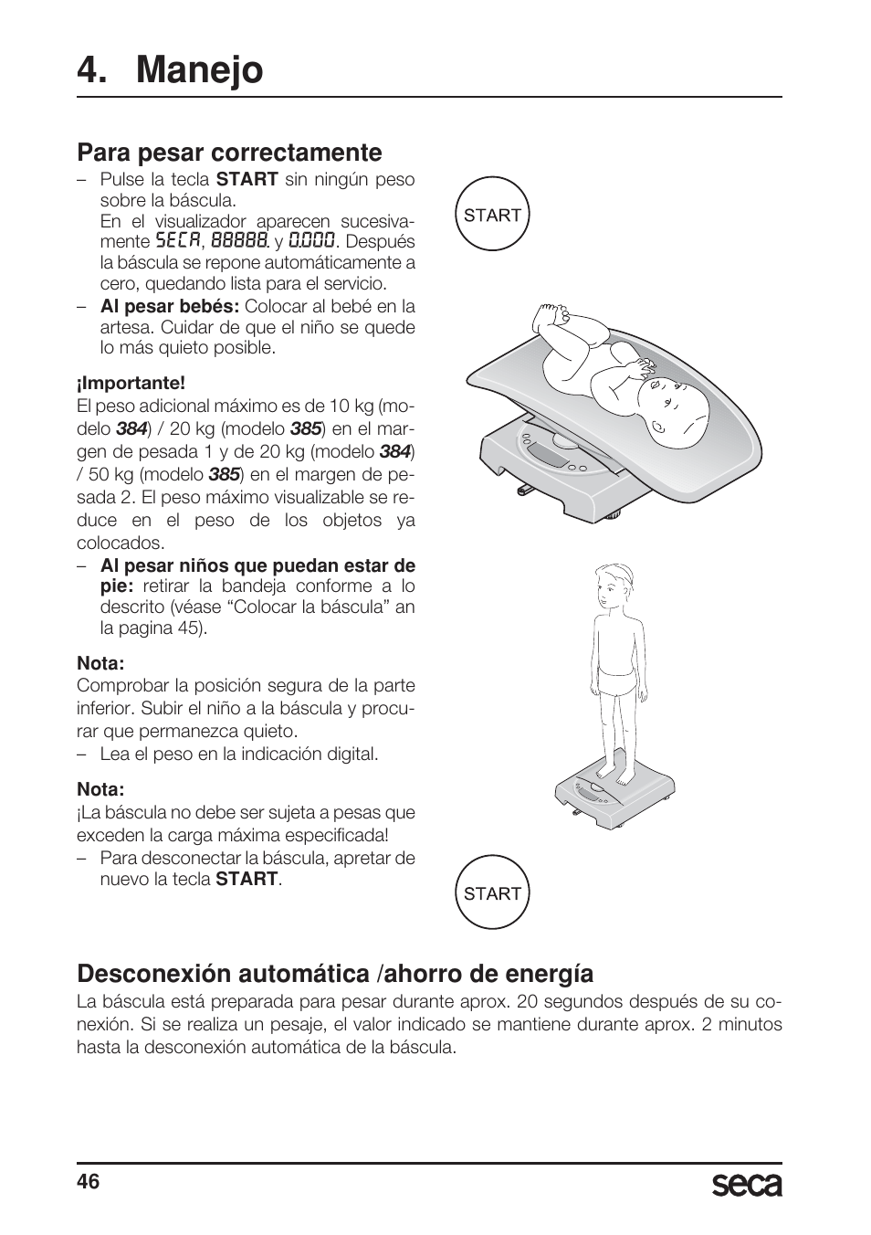 Manejo, Para pesar correctamente, Desconexión automática /ahorro de energía | Seca 385 User Manual | Page 46 / 136