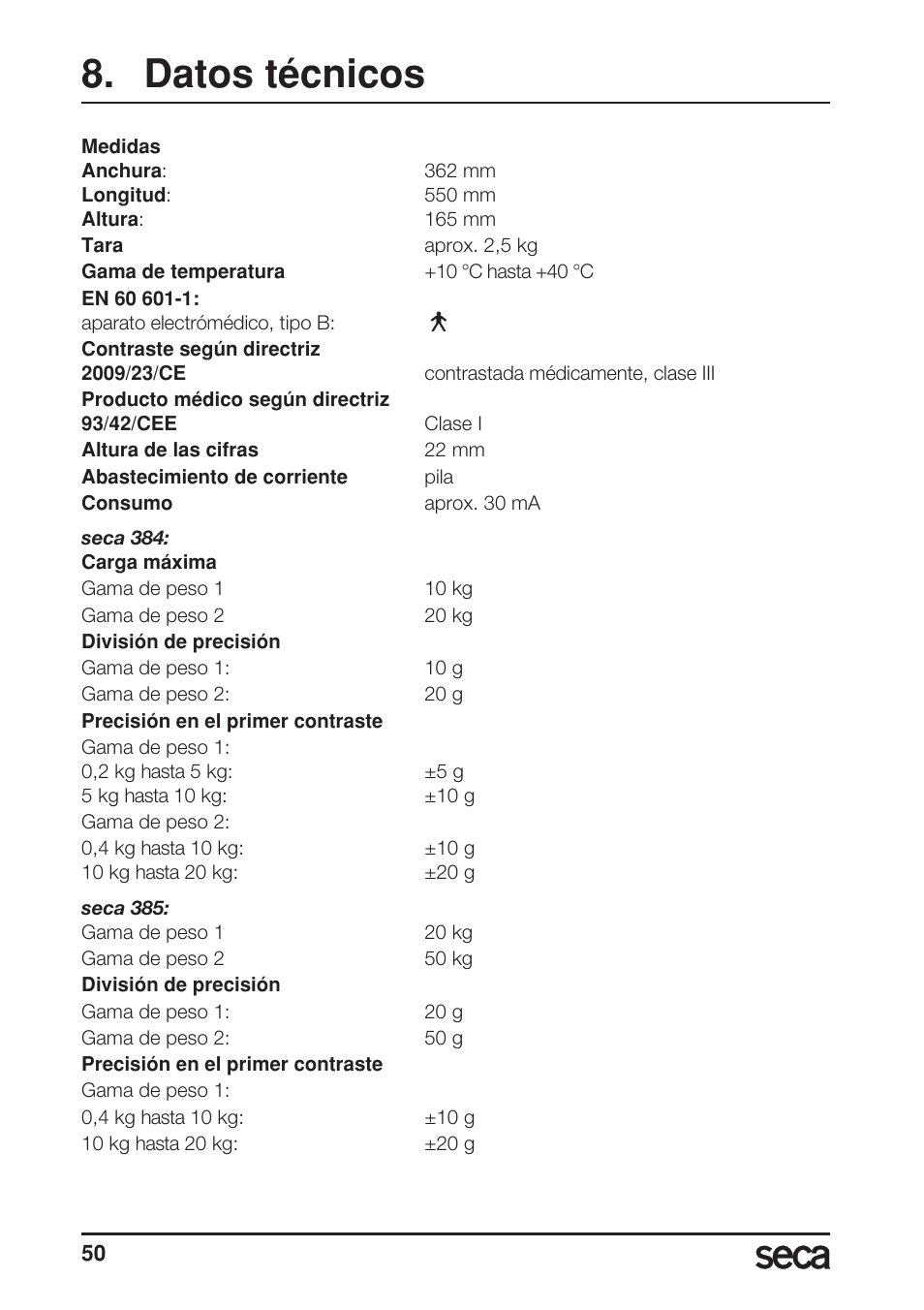 Datos técnicos | Seca 385 User Manual | Page 50 / 136