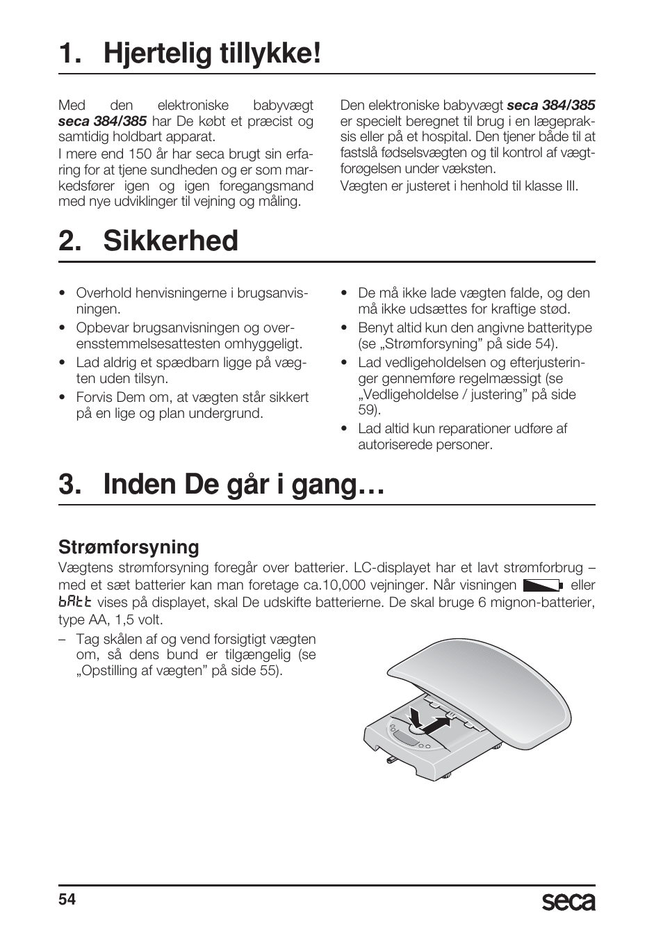 Hjertelig tillykke, Sikkerhed, Inden de går i gang | Strømforsyning | Seca 385 User Manual | Page 54 / 136