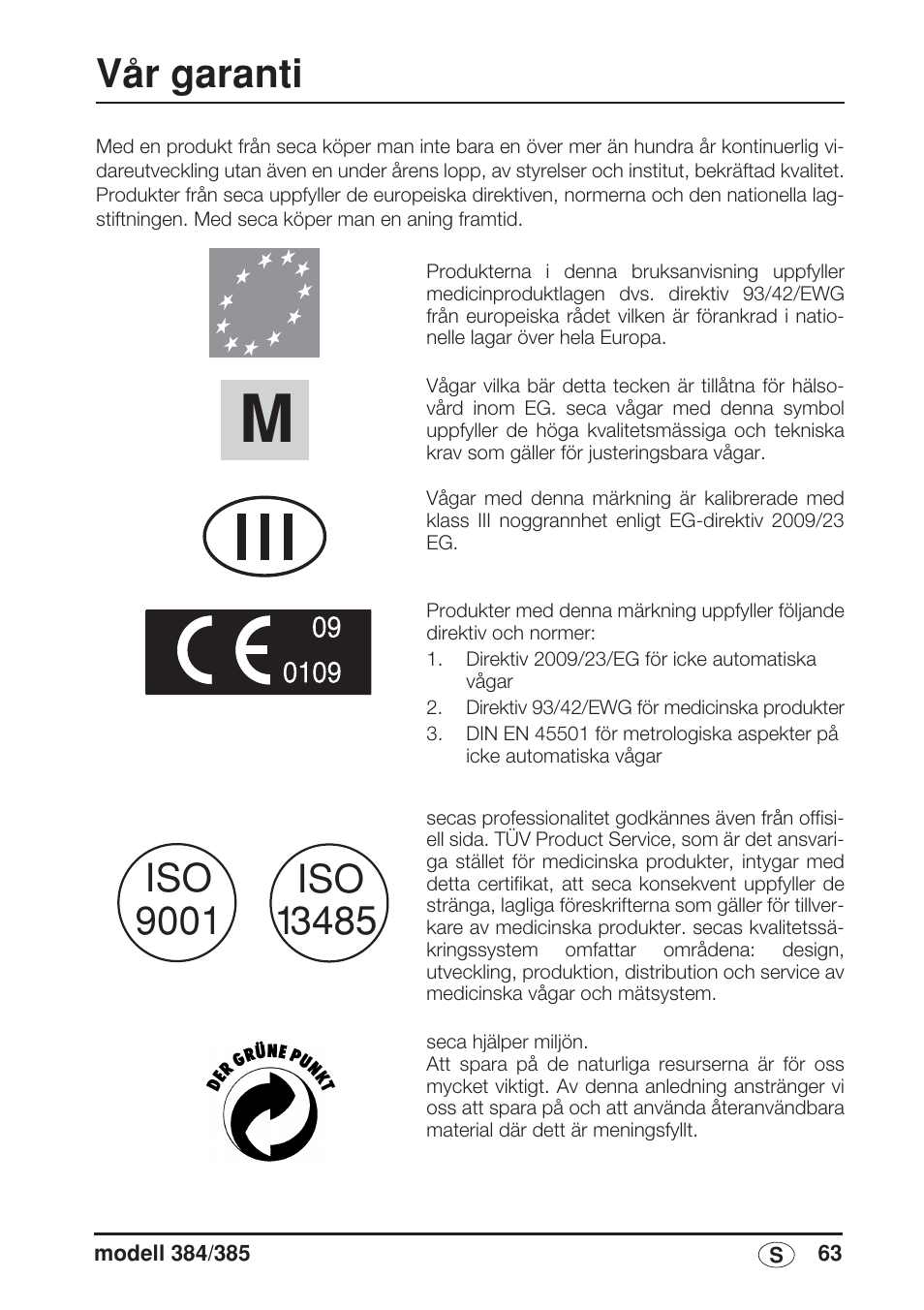 Svenska, Vår garanti | Seca 385 User Manual | Page 63 / 136