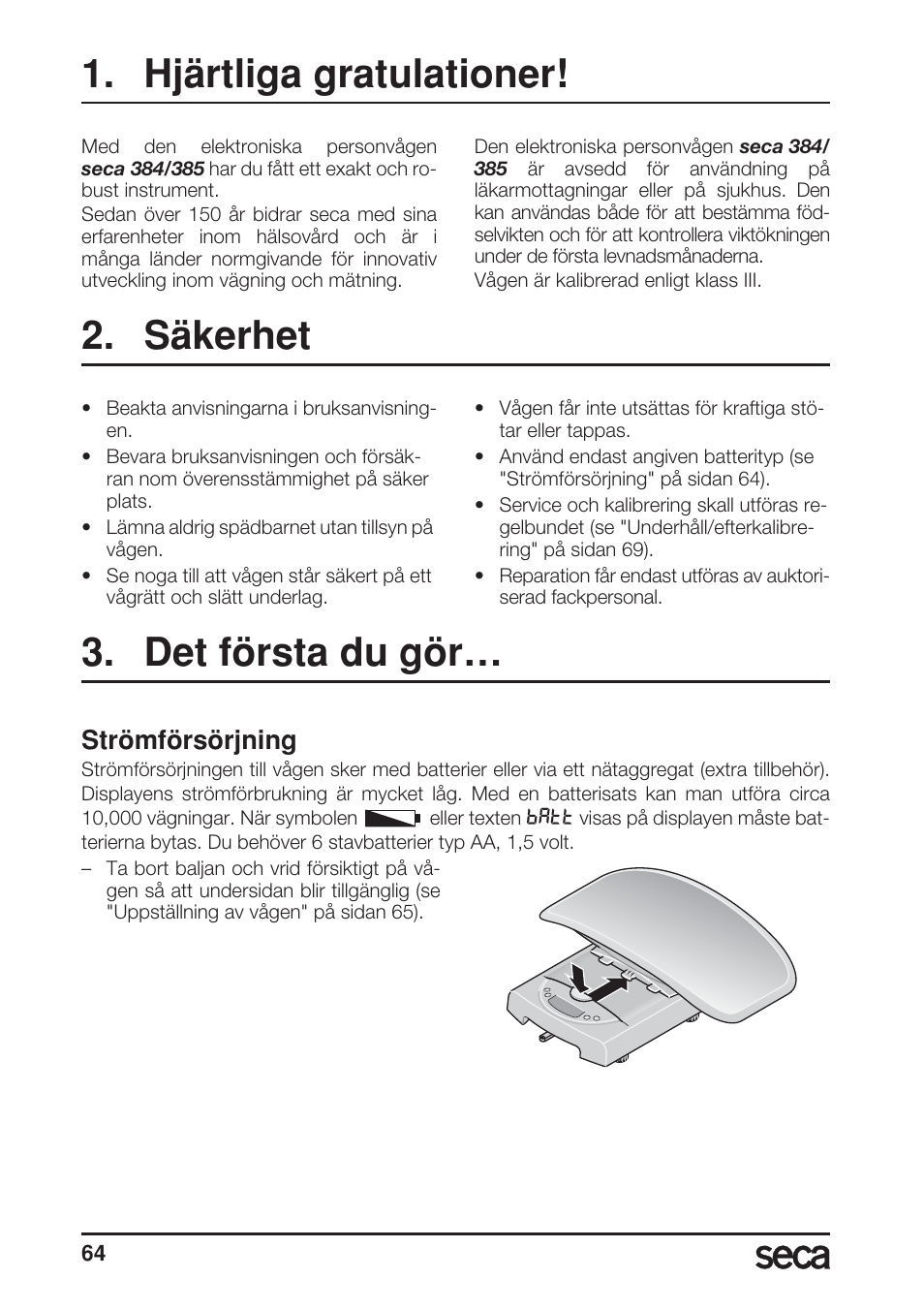 Hjärtliga gratulationer, Säkerhet, Det första du gör | Strömförsörjning | Seca 385 User Manual | Page 64 / 136