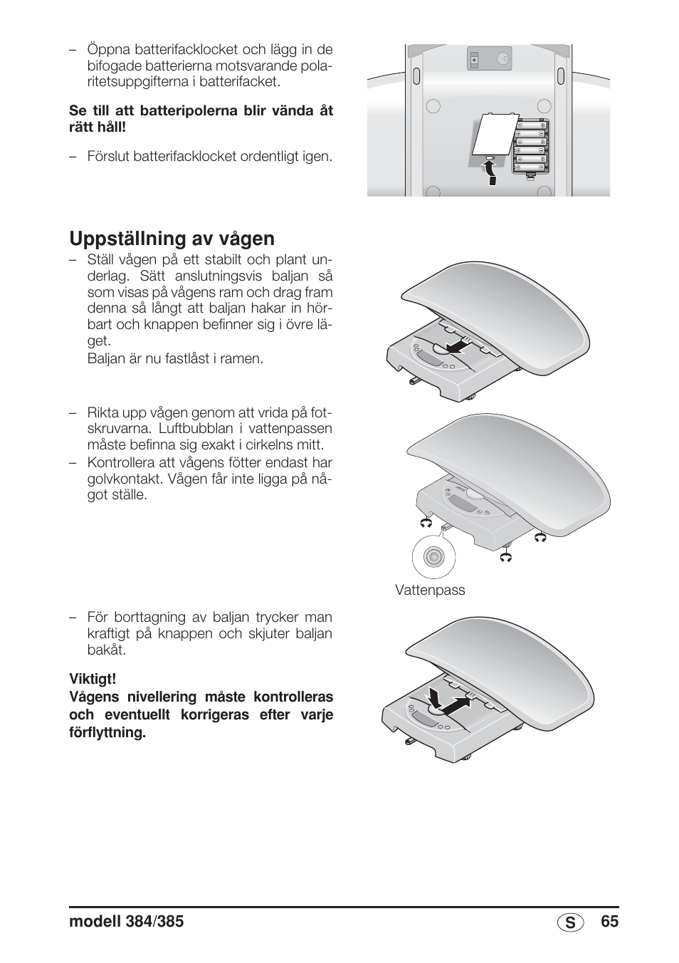 Uppställning av vågen, Gen så att undersidan blir tillgänglig (se, Uppställning av vågen" på sidan 65) | Seca 385 User Manual | Page 65 / 136