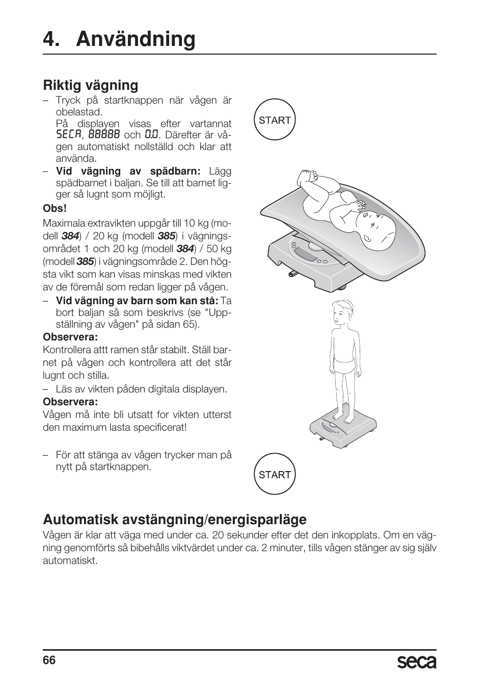 Användning, Riktig vägning, Automatisk avstängning/energisparläge | Seca 385 User Manual | Page 66 / 136