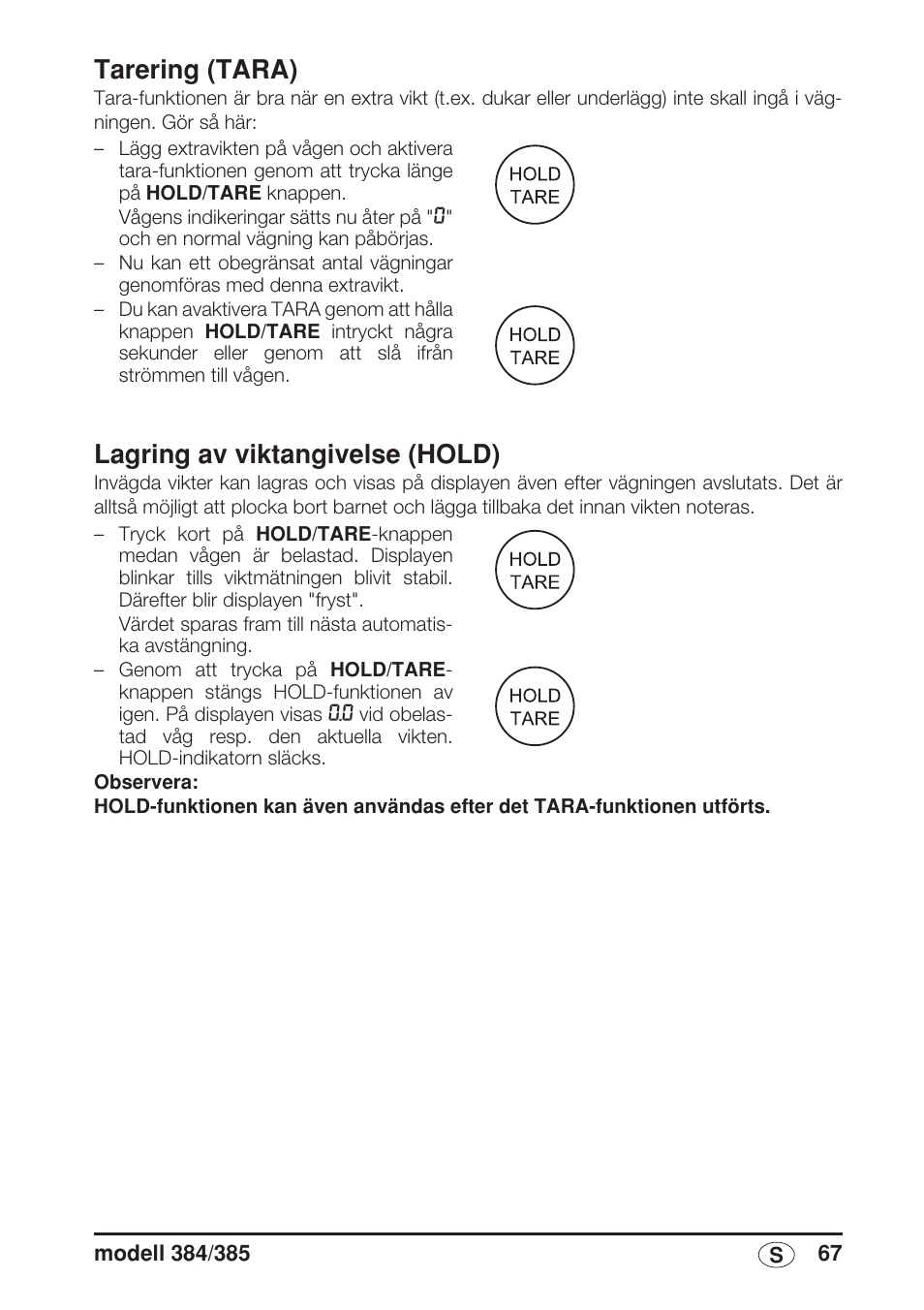 Tarering (tara), Lagring av viktangivelse (hold) | Seca 385 User Manual | Page 67 / 136