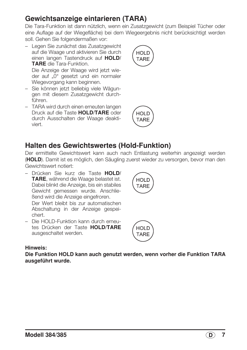 Gewichtsanzeige eintarieren (tara), Halten des gewichtswertes (hold-funktion) | Seca 385 User Manual | Page 7 / 136