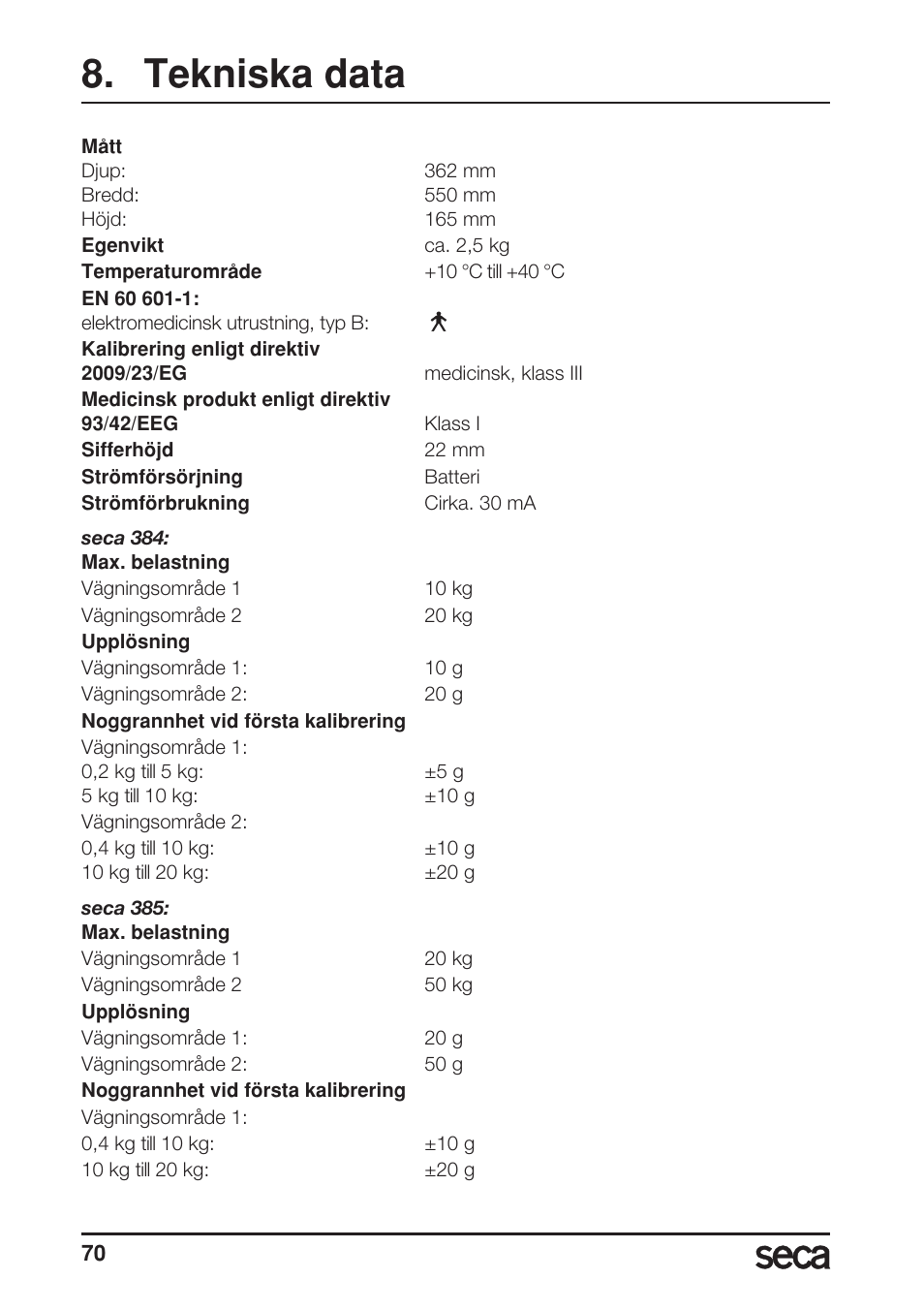 Tekniska data | Seca 385 User Manual | Page 70 / 136