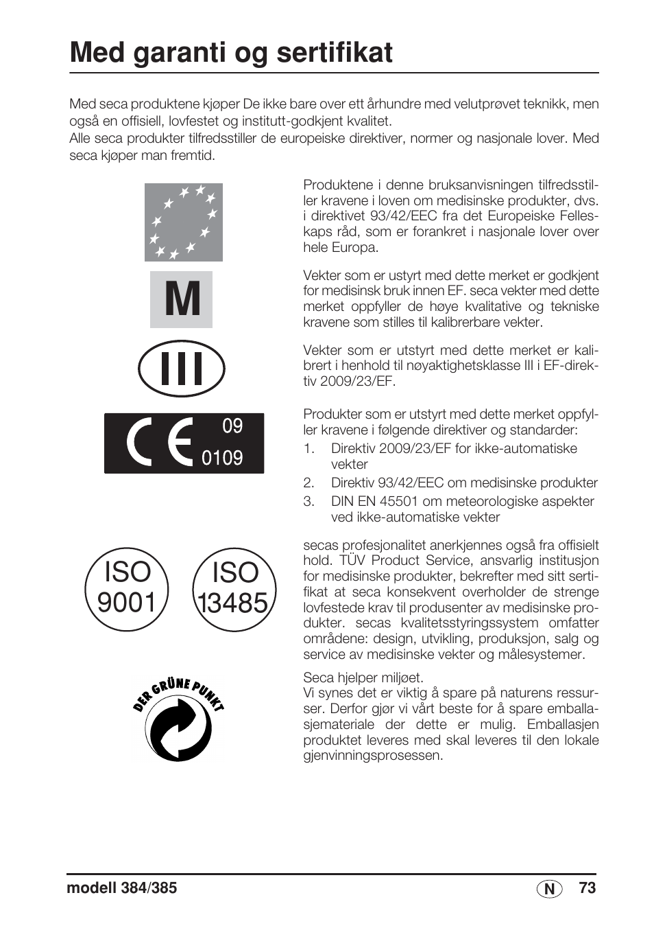 Norsk, Med garanti og sertifikat | Seca 385 User Manual | Page 73 / 136