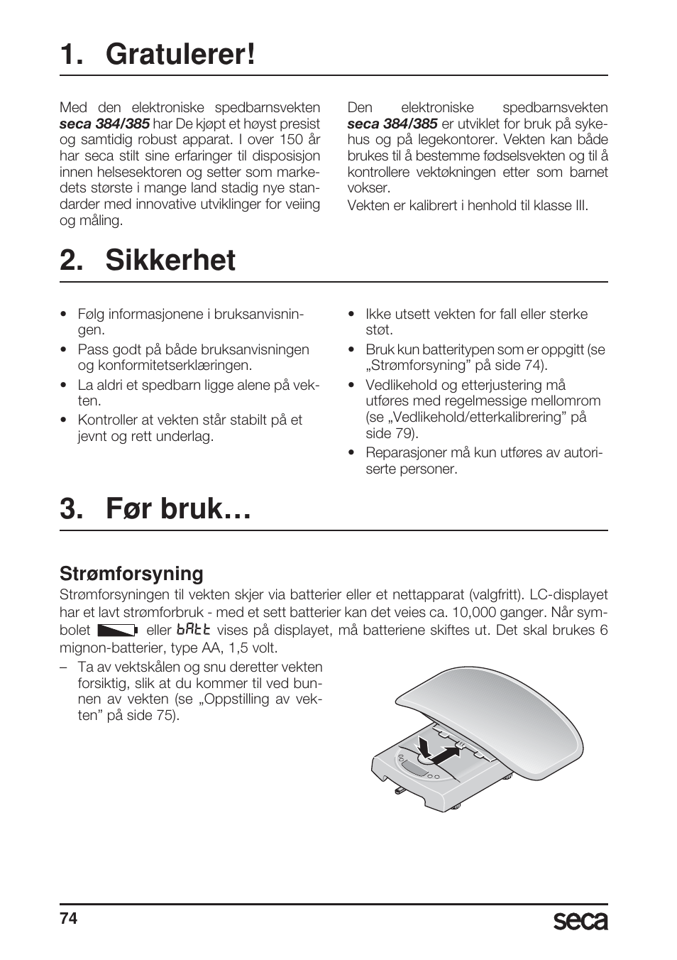 Gratulerer, Sikkerhet, Før bruk | Strømforsyning | Seca 385 User Manual | Page 74 / 136