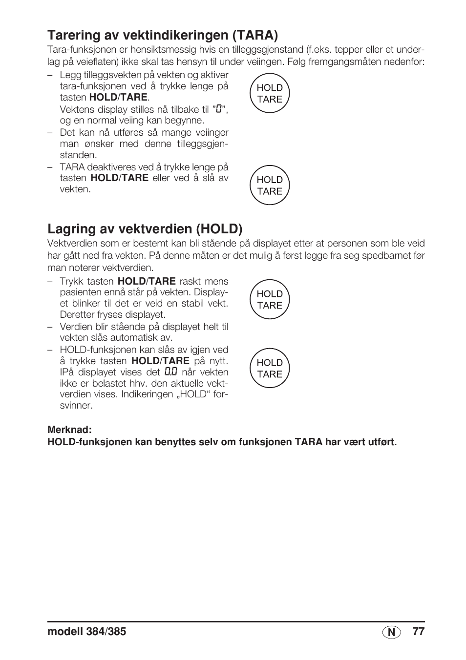 Tarering av vektindikeringen (tara), Lagring av vektverdien (hold) | Seca 385 User Manual | Page 77 / 136