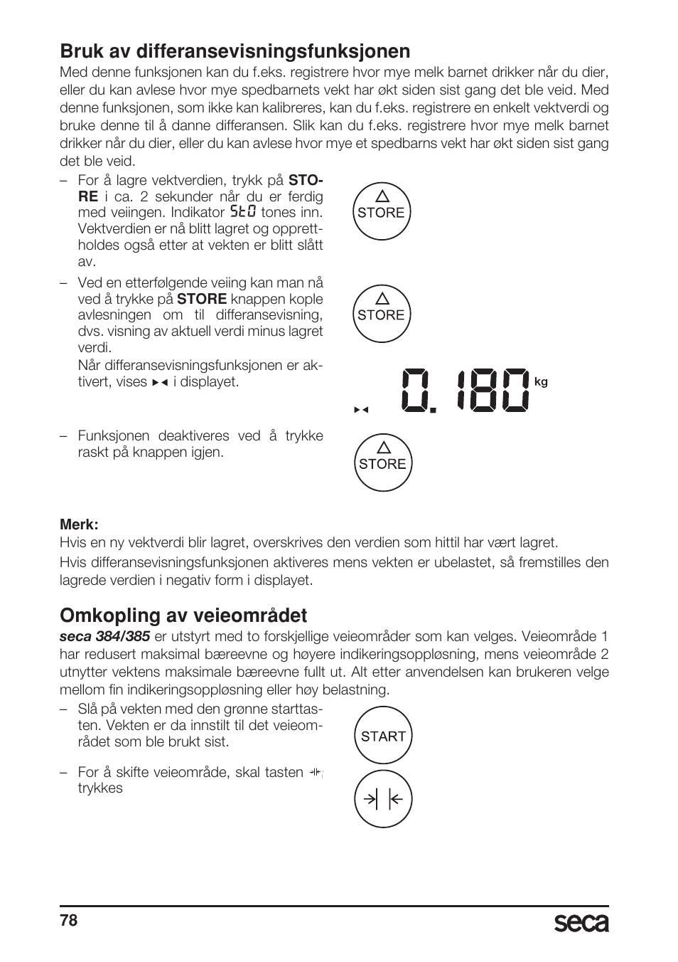Bruk av differansevisningsfunksjonen, Omkopling av veieområdet | Seca 385 User Manual | Page 78 / 136