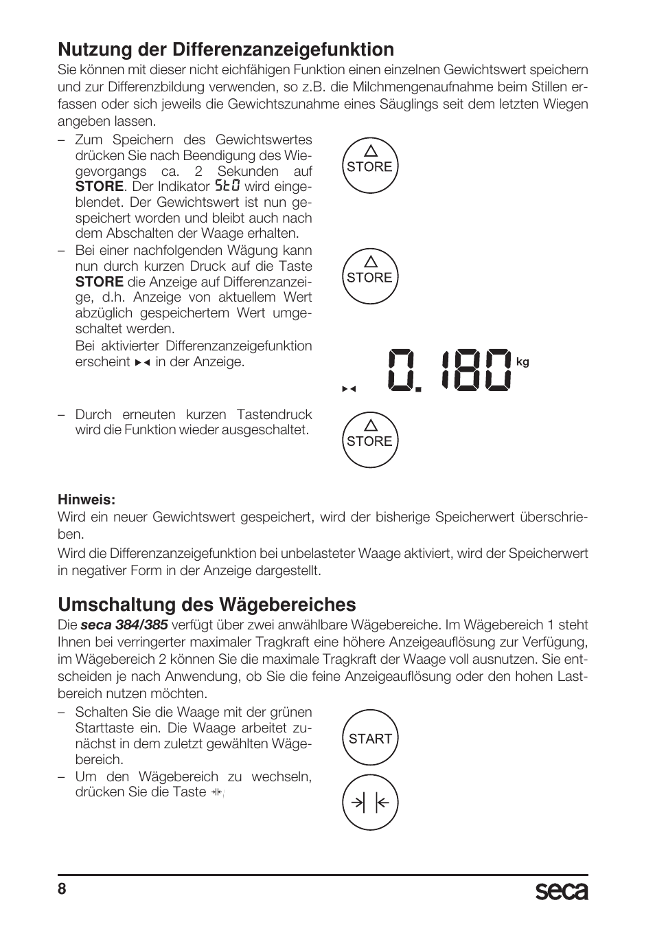 Nutzung der differenzanzeigefunktion, Umschaltung des wägebereiches | Seca 385 User Manual | Page 8 / 136
