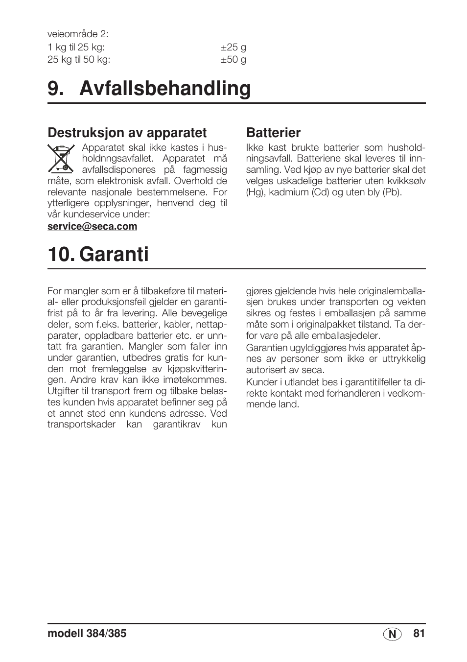 Avfallsbehandling, Destruksjon av apparatet, Batterier | Garanti | Seca 385 User Manual | Page 81 / 136