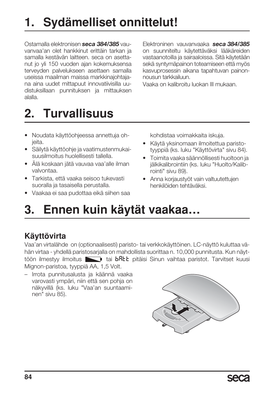 Sydämelliset onnittelut, Turvallisuus, Ennen kuin käytät vaakaa | Käyttövirta | Seca 385 User Manual | Page 84 / 136