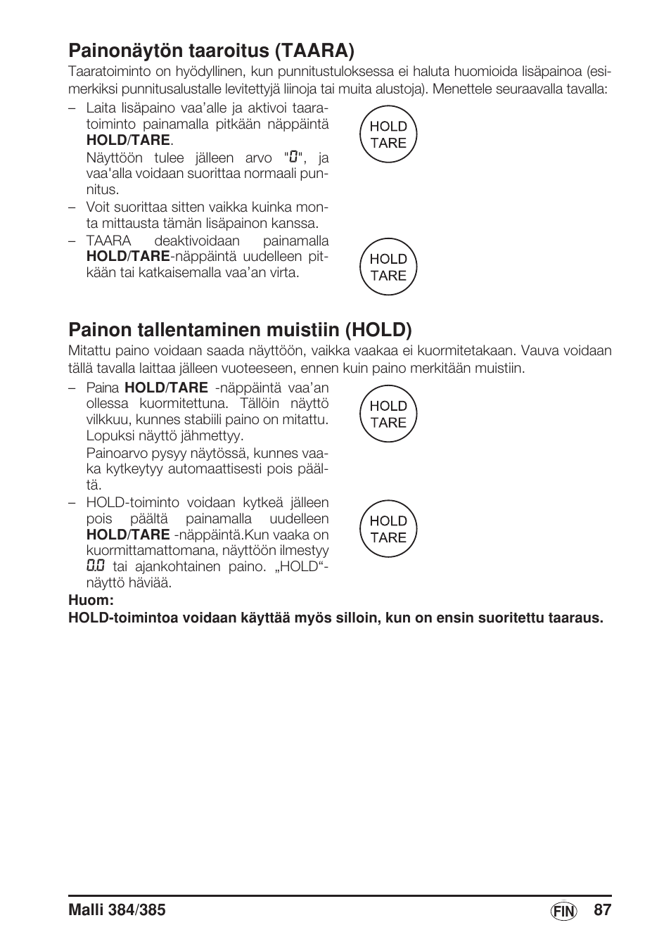 Painonäytön taaroitus (taara), Painon tallentaminen muistiin (hold) | Seca 385 User Manual | Page 87 / 136