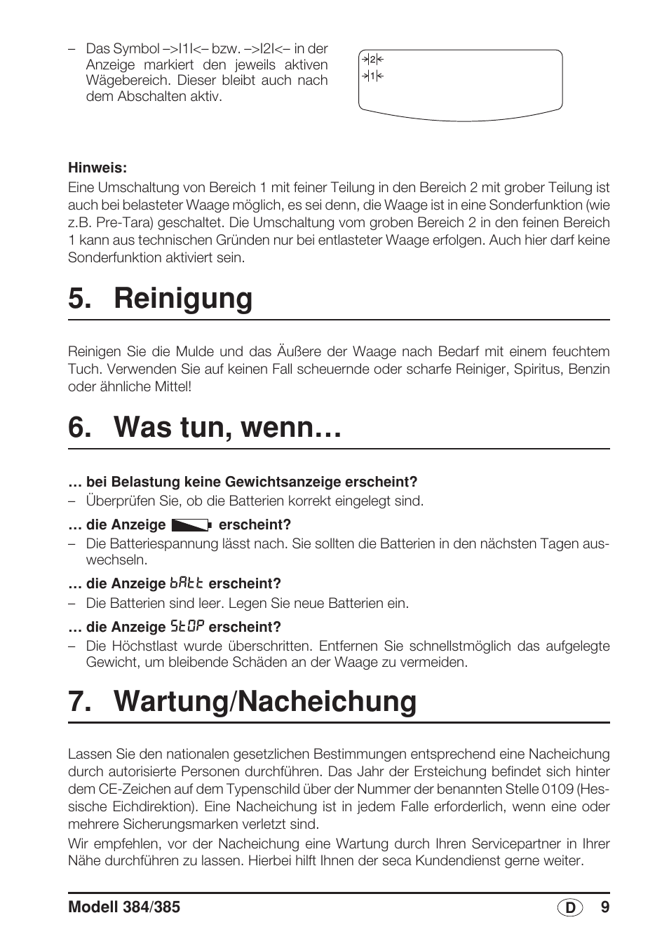 Reinigung, Was tun, wenn, Wartung/nacheichung | Seca 385 User Manual | Page 9 / 136
