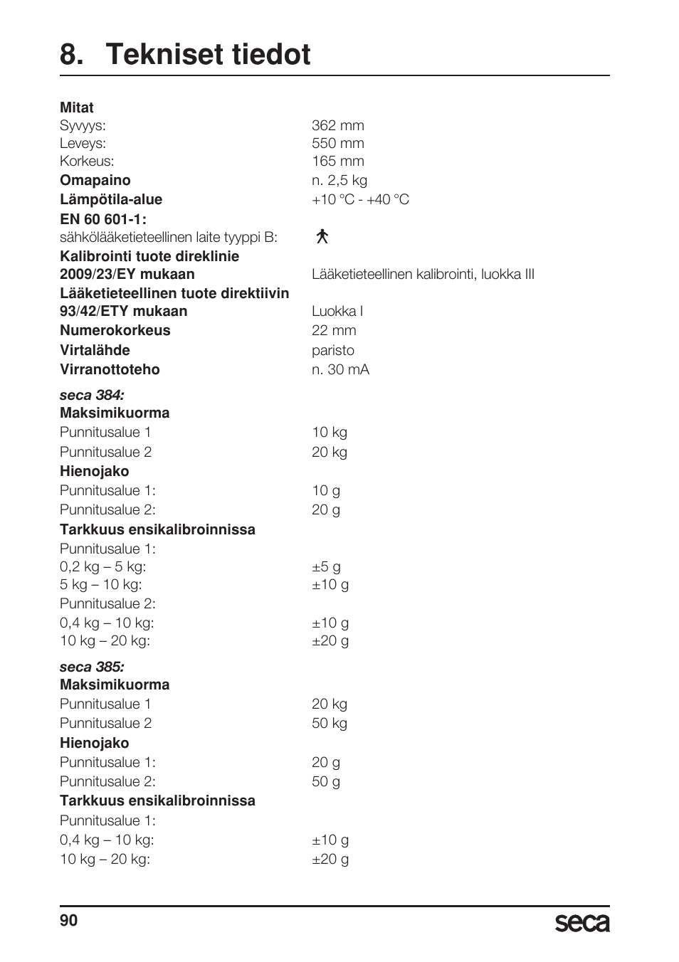 Tekniset tiedot | Seca 385 User Manual | Page 90 / 136