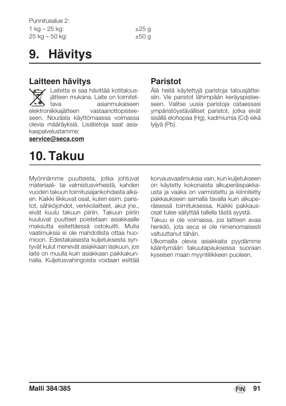 Hävitys, Laitteen hävitys, Paristot | Takuu | Seca 385 User Manual | Page 91 / 136