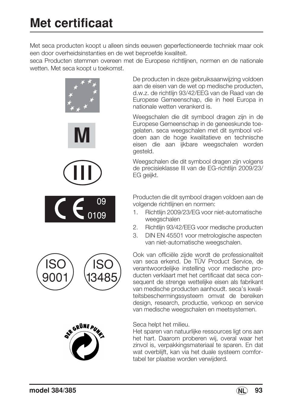 Nederlands, Met certificaat | Seca 385 User Manual | Page 93 / 136